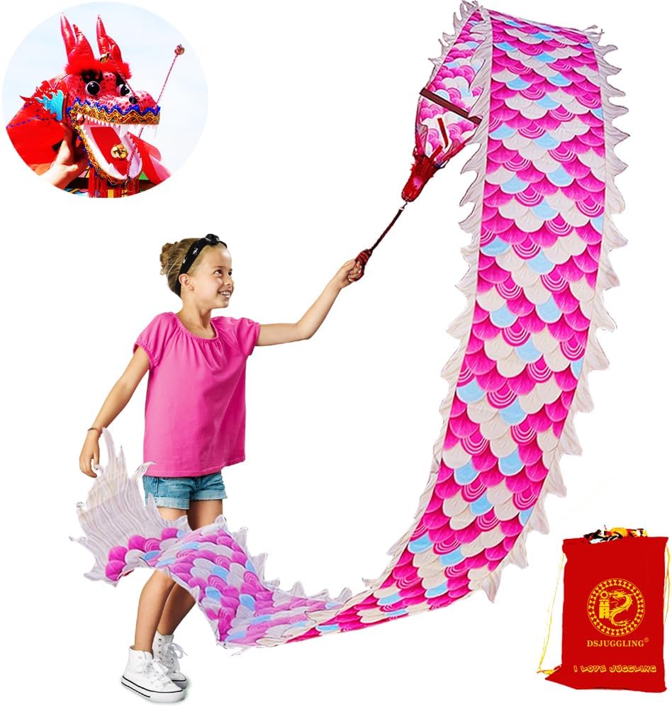 9.8 FT Pink Magic Cloud Dragon Ribbon Poi, 3 Meters Outdoor Dragon Dance Washable Pink Dragon Scale Pattern Ribbon Streamer with 200g 3D Plastic Dragon Head, Swing Rope and Oxford Travel bag Set