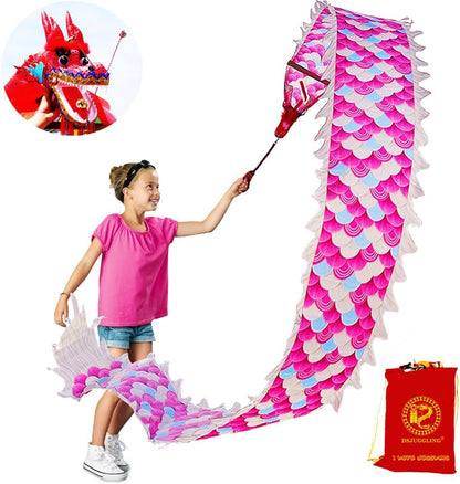 9.8 FT Pink Magic Cloud Dragon Ribbon Poi, 3 Meters Outdoor Dragon Dance Washable Pink Dragon Scale Pattern Ribbon Streamer with 200g 3D Plastic Dragon Head, Swing Rope and Oxford Travel bag Set