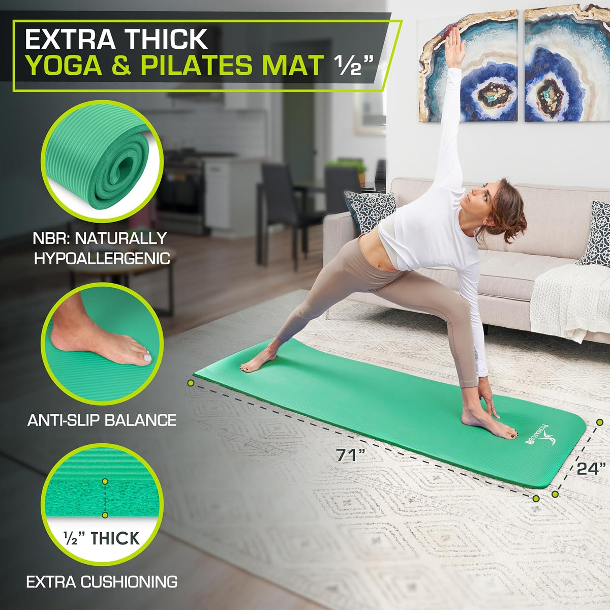 Extra Thick Yoga and Pilates Mat, 71-inch Long High Density Exercise Mat with Comfort Foam and Carrying Strap