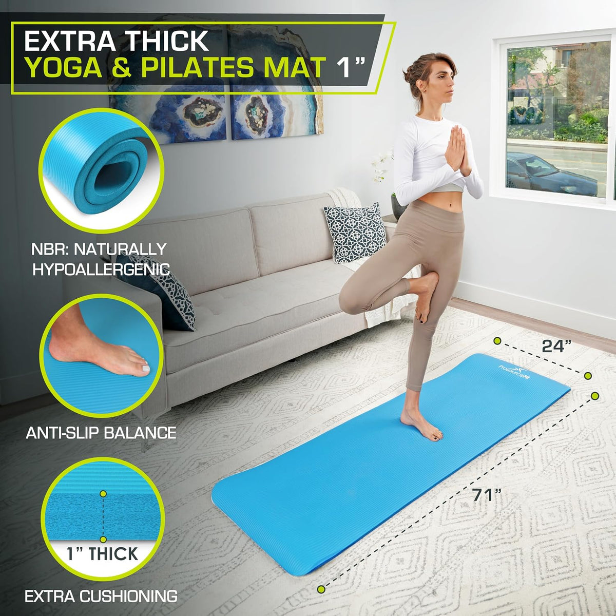 Extra Thick Yoga and Pilates Mat, 71-inch Long High Density Exercise Mat with Comfort Foam and Carrying Strap