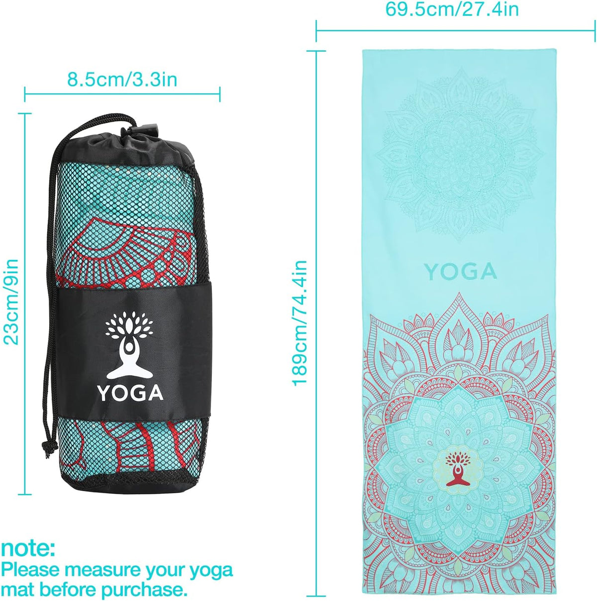 Yoga Towel, Non-Slip Hot Yoga Mat, 74.4 x 27.4 in