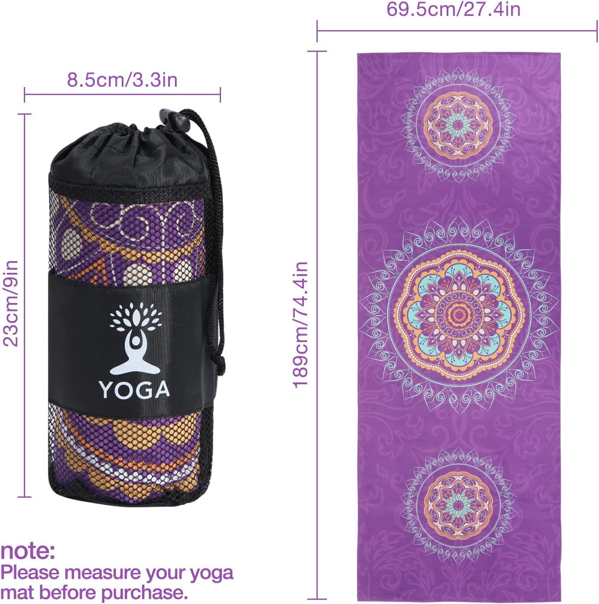 Yoga Towel, Non-Slip Hot Yoga Mat, 74.4 x 27.4 in