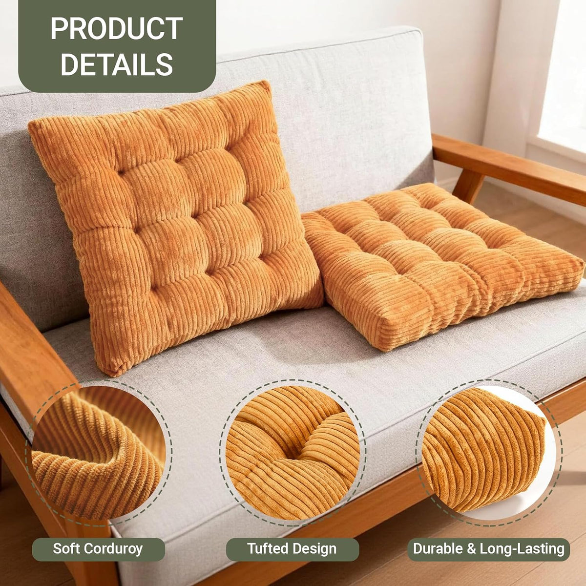 Meditation Floor Pillow Set of 2,Memory Foam Meditation Cushion for Adults Sitting, Large Square Thickened Seat Cushions for Yoga, Tatami Living Room (2, Orange)