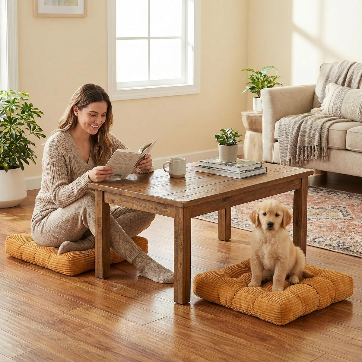 Meditation Floor Pillow Set of 2,Memory Foam Meditation Cushion for Adults Sitting, Large Square Thickened Seat Cushions for Yoga, Tatami Living Room (2, Orange)