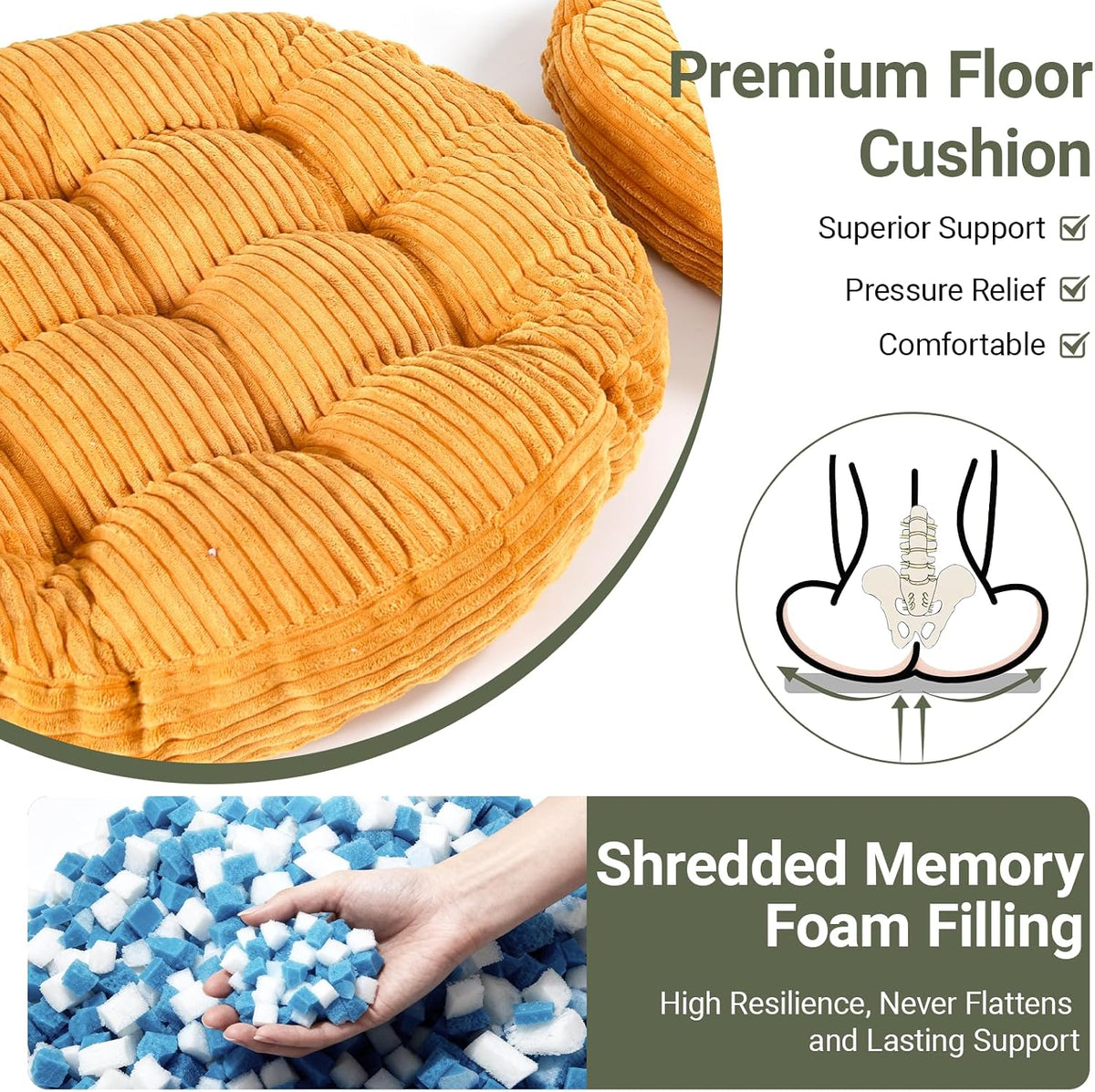 Meditation Floor Pillow Set of 2,Memory Foam Meditation Cushion for Adults Sitting, Large Square Thickened Seat Cushions for Yoga, Tatami Living Room (2, Orange)