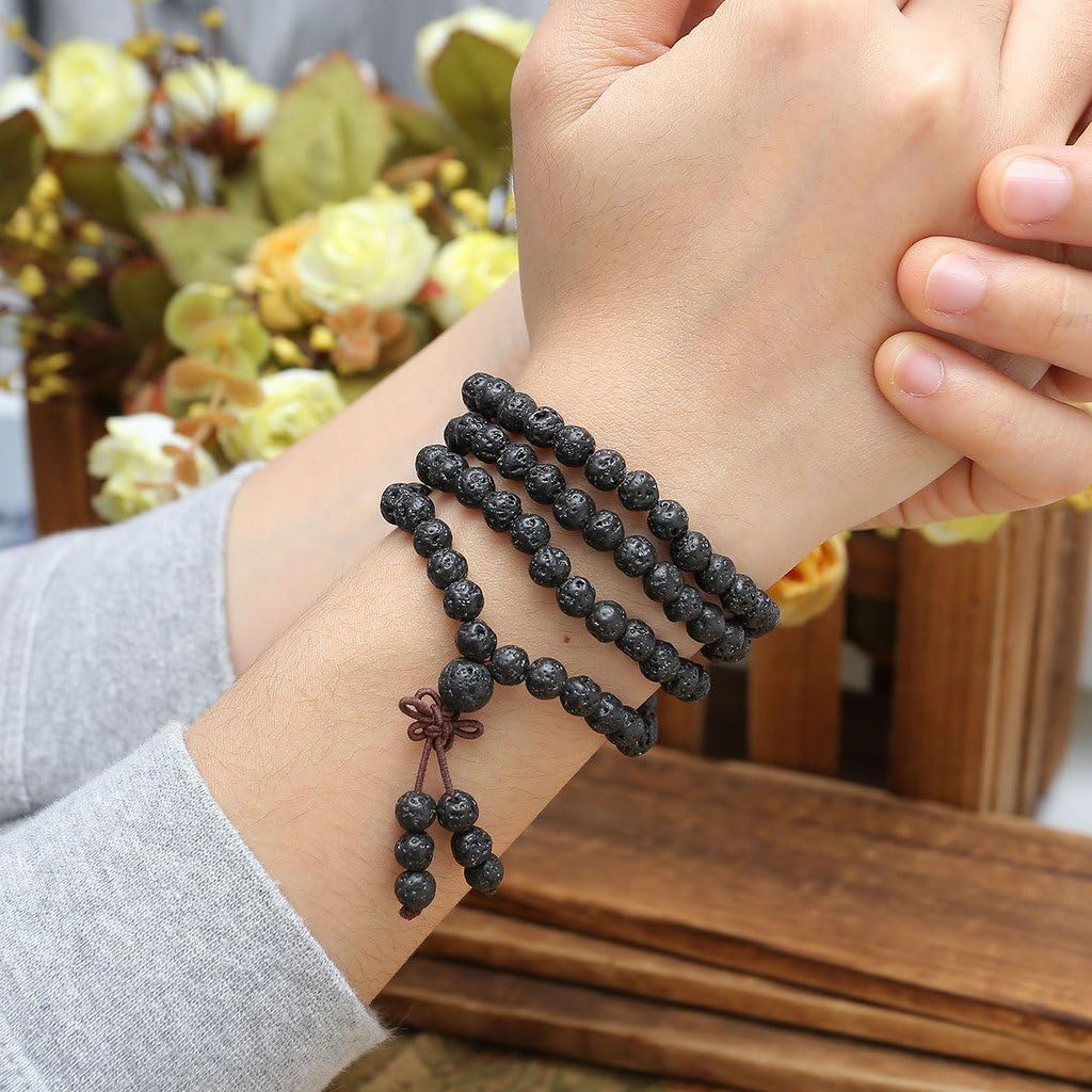 6mm 8mm Natural Lava Rock Stone Healing Gemstone 108 Prayer Beads Tibetan Mala Bracelet Necklace