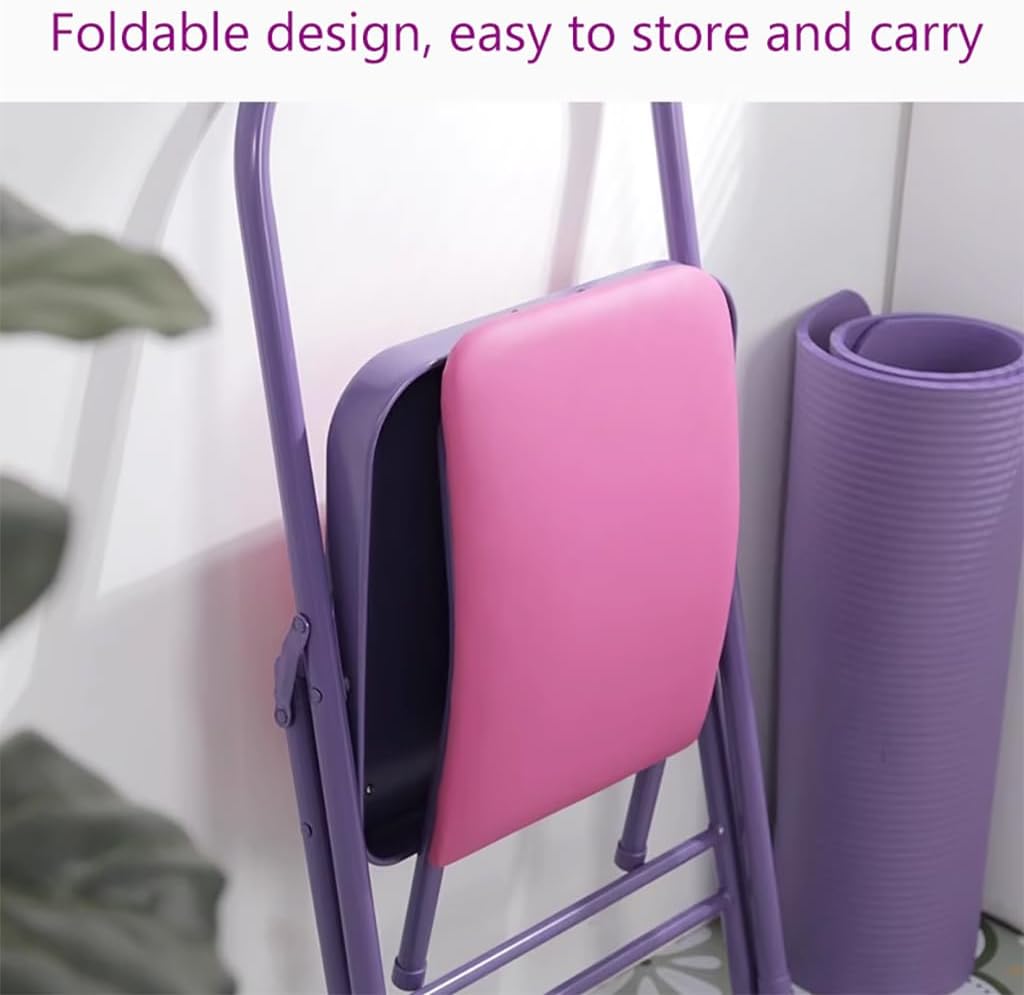 Iyengar Yoga Chair,Yoga Auxiliary Chair with Lumbar Back Support,Metal Steel Frame Double Beam,Foldable Portable Yoga Chair,Backless Yoga Chair Prop, Purple
