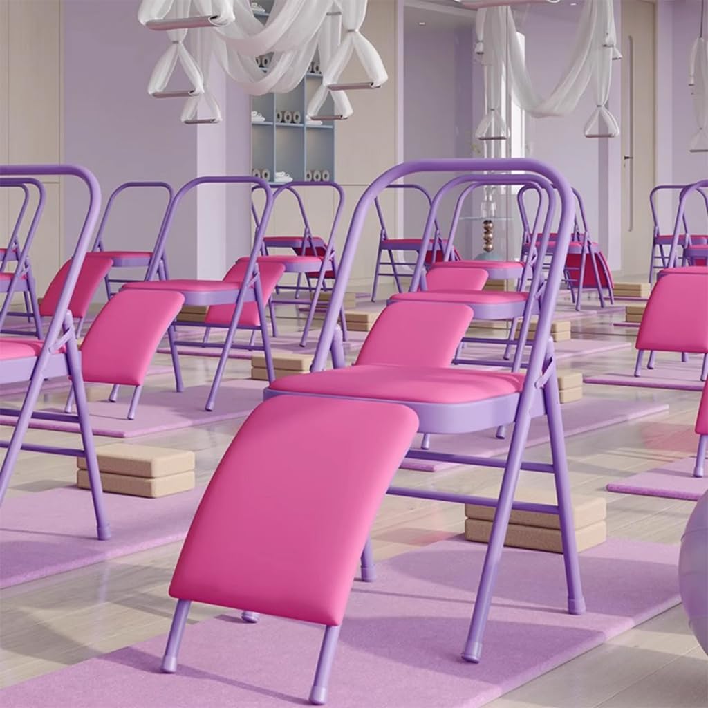 Iyengar Yoga Chair,Yoga Auxiliary Chair with Lumbar Back Support,Metal Steel Frame Double Beam,Foldable Portable Yoga Chair,Backless Yoga Chair Prop, Purple