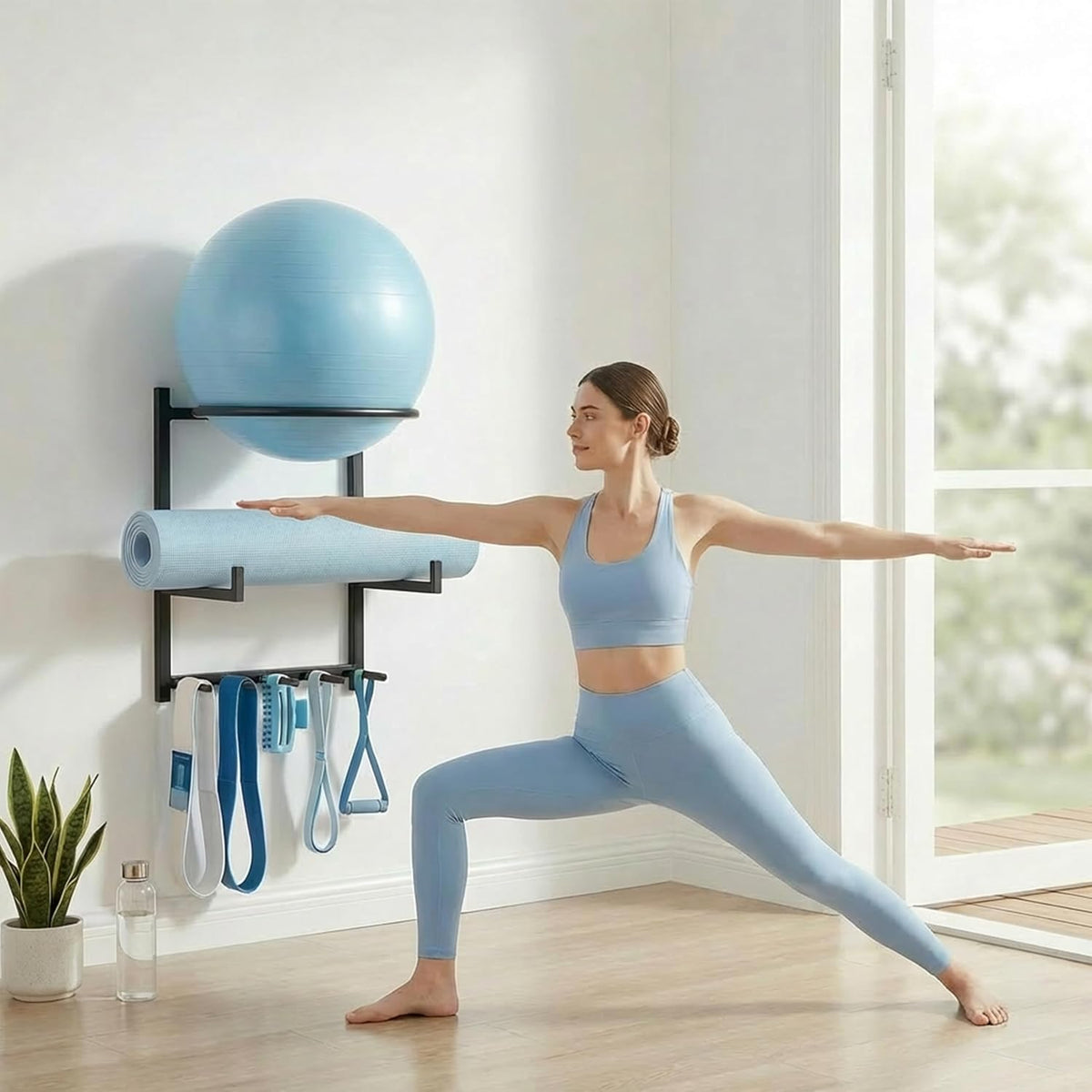 Wall Mounted Yoga Ball and Mat Holder – Home Gym Storage Rack Organizer