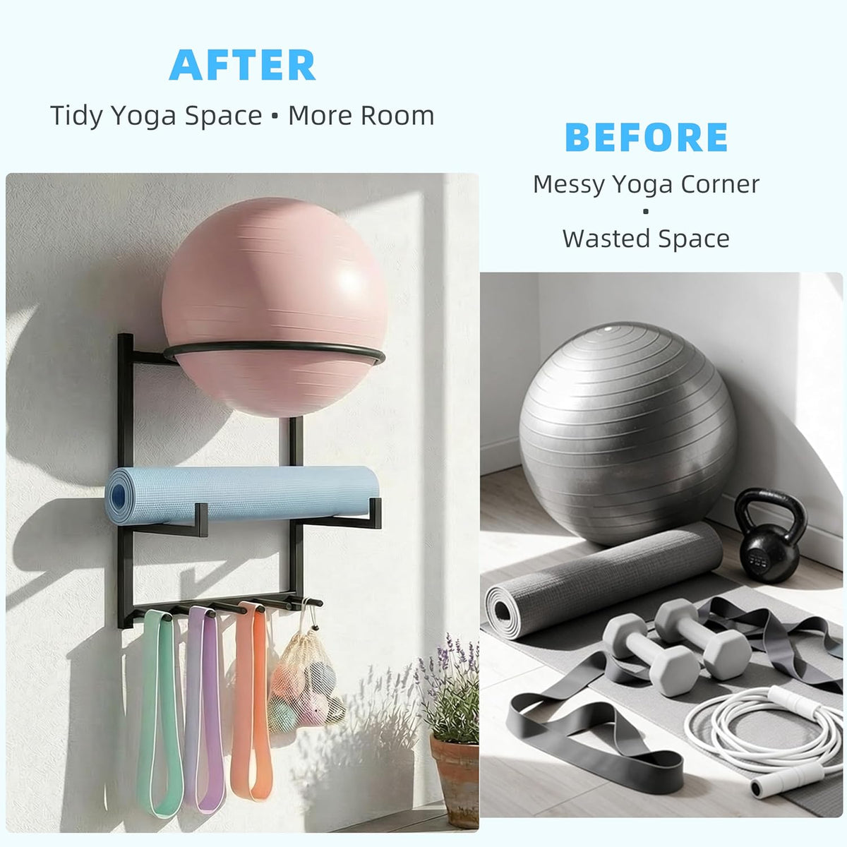 Wall Mounted Yoga Ball and Mat Holder – Home Gym Storage Rack Organizer