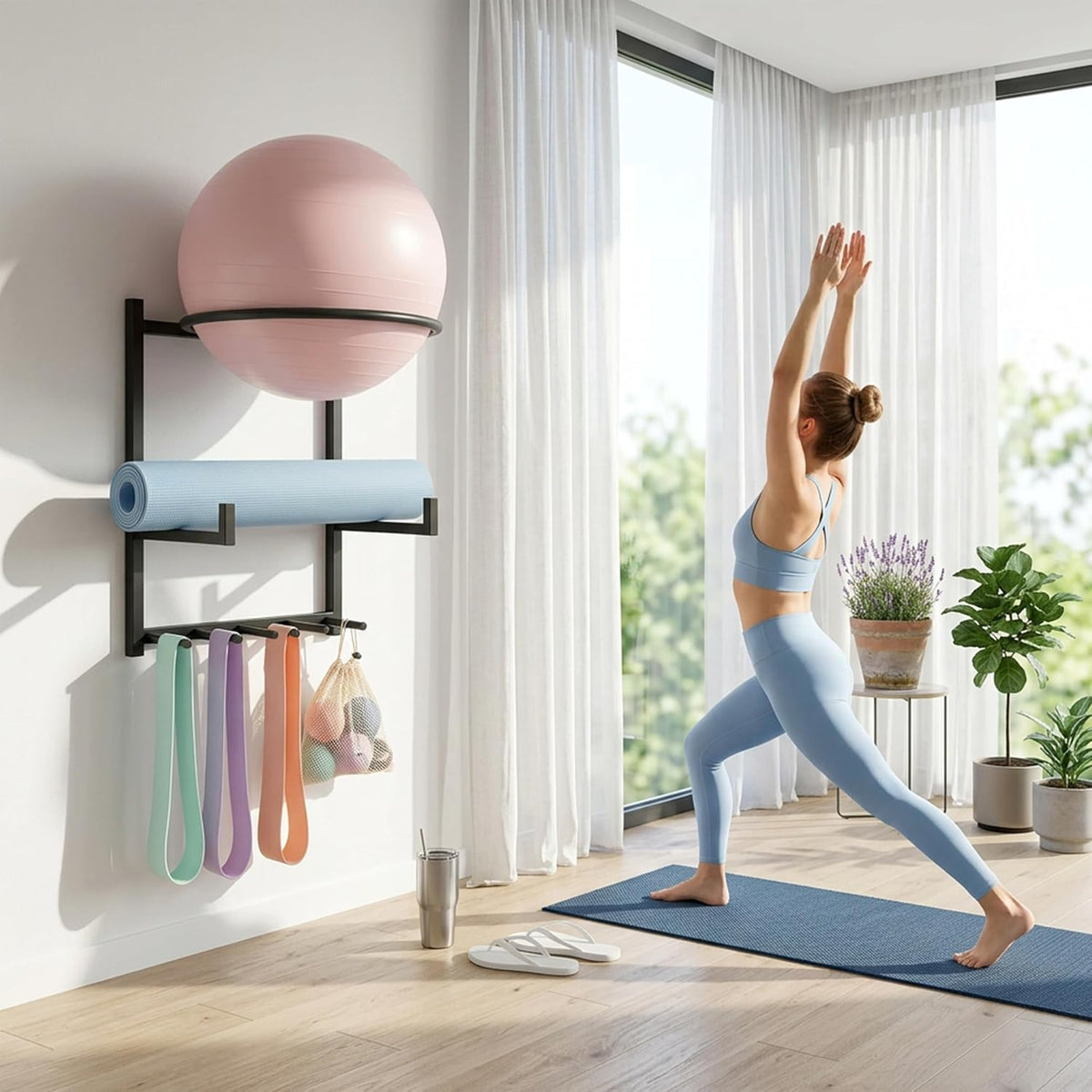 Wall Mounted Yoga Ball and Mat Holder – Home Gym Storage Rack Organizer