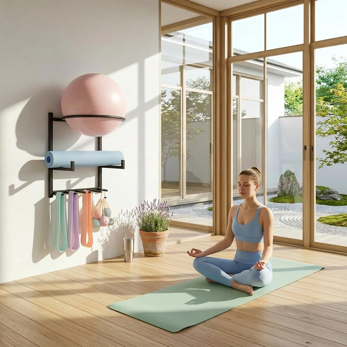 Wall Mounted Yoga Ball and Mat Holder – Home Gym Storage Rack Organizer