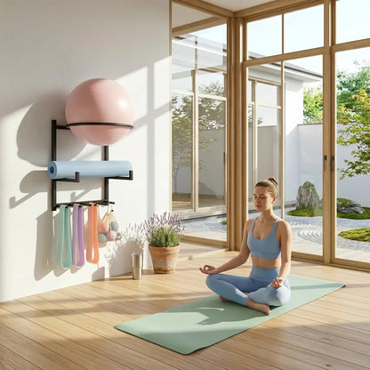 Wall Mounted Yoga Ball and Mat Holder – Home Gym Storage Rack Organizer