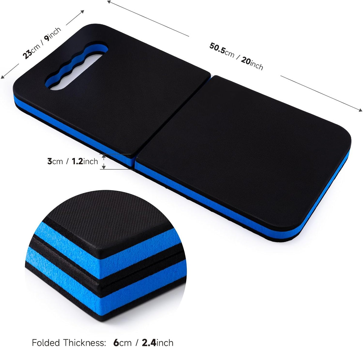 Kneeling Pad with Carrying Handles, Extra Thick Foam Cushioning Mat for Knee, Water Resistant Knee Pad for Gardening, Mechanic, Bathing Baby, Exercise & Yoga, 20 x 9 x 1.2 in, Blue & Black