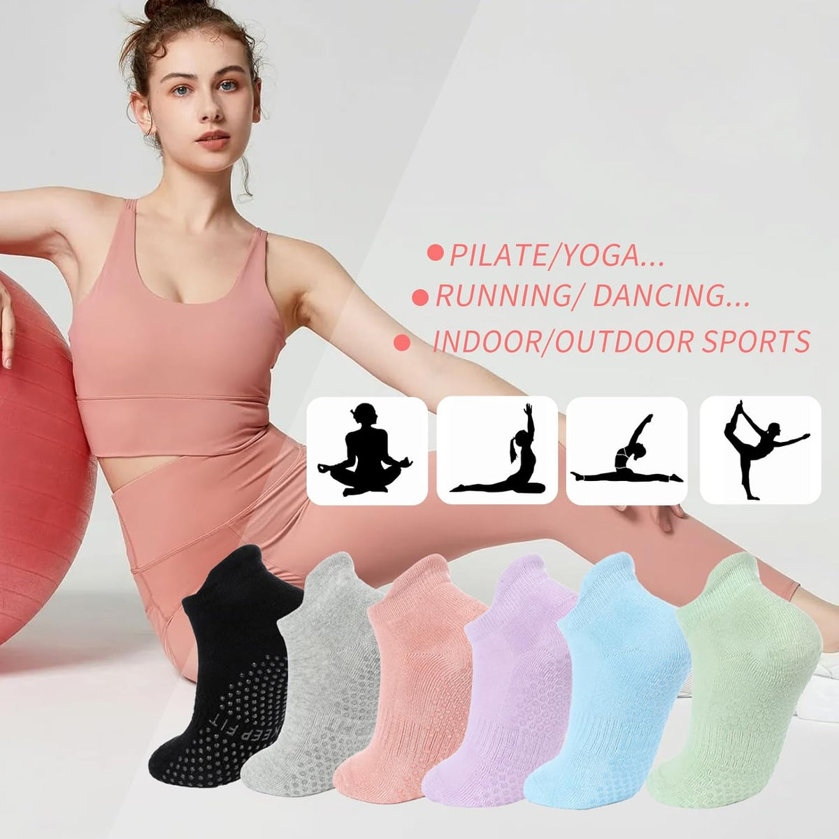 Pilates Socks with Grips for Women Non Slip Yoga Barre Sticky Grippy Socks
