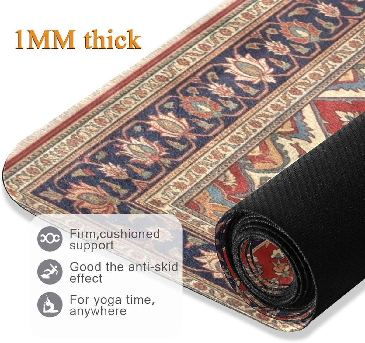 Travel Yoga Mat 71" x 24" Non Slip Natural Rubber Foldable Exercise Mat Ultra Thin 1.5mm Lightweight for Fitness, Pilates & Home Workout, Persian Design