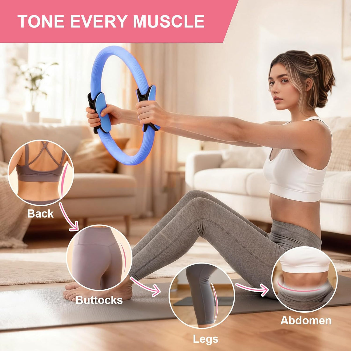 Pilates Ring and Ball Set for Women, Home Workout Pilates Kit, Magic Circle Hoop with 5 Resistance Bands, Pilates Equipment Fitness Essentials Starter Set Accessories