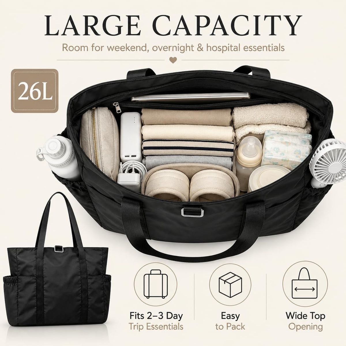 Travel Bags for Women, 26L Capacity Travel Bag, Small Zipper Tote Bag for Work Every Day, Lightweight Shoulder Handbag Hospital Overnight Weekender Bag Travel Essentials