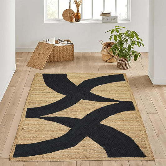 Premium Quality Jute Rug 4x6 Feet Area Rug Natural Fiber Jute Rugs Thick 0.27" Black Abstract Pattern Geometric Rugs for Kids Room, Living Room, Yoga Mat, Indoor Outdoor Carpet - Colors A