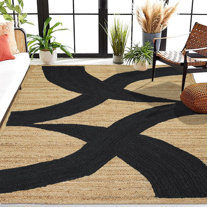 Premium Quality Jute Rug 4x6 Feet Area Rug Natural Fiber Jute Rugs Thick 0.27" Black Abstract Pattern Geometric Rugs for Kids Room, Living Room, Yoga Mat, Indoor Outdoor Carpet - Colors A