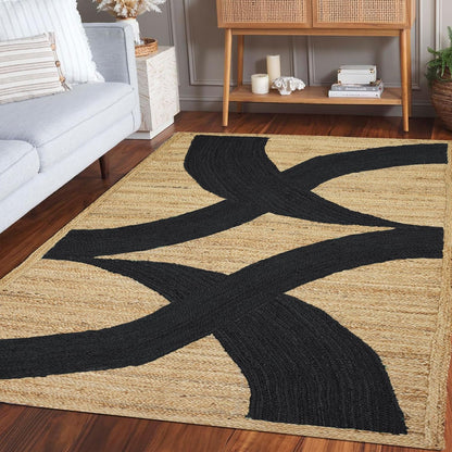 Premium Quality Jute Rug 4x6 Feet Area Rug Natural Fiber Jute Rugs Thick 0.27" Black Abstract Pattern Geometric Rugs for Kids Room, Living Room, Yoga Mat, Indoor Outdoor Carpet - Colors A