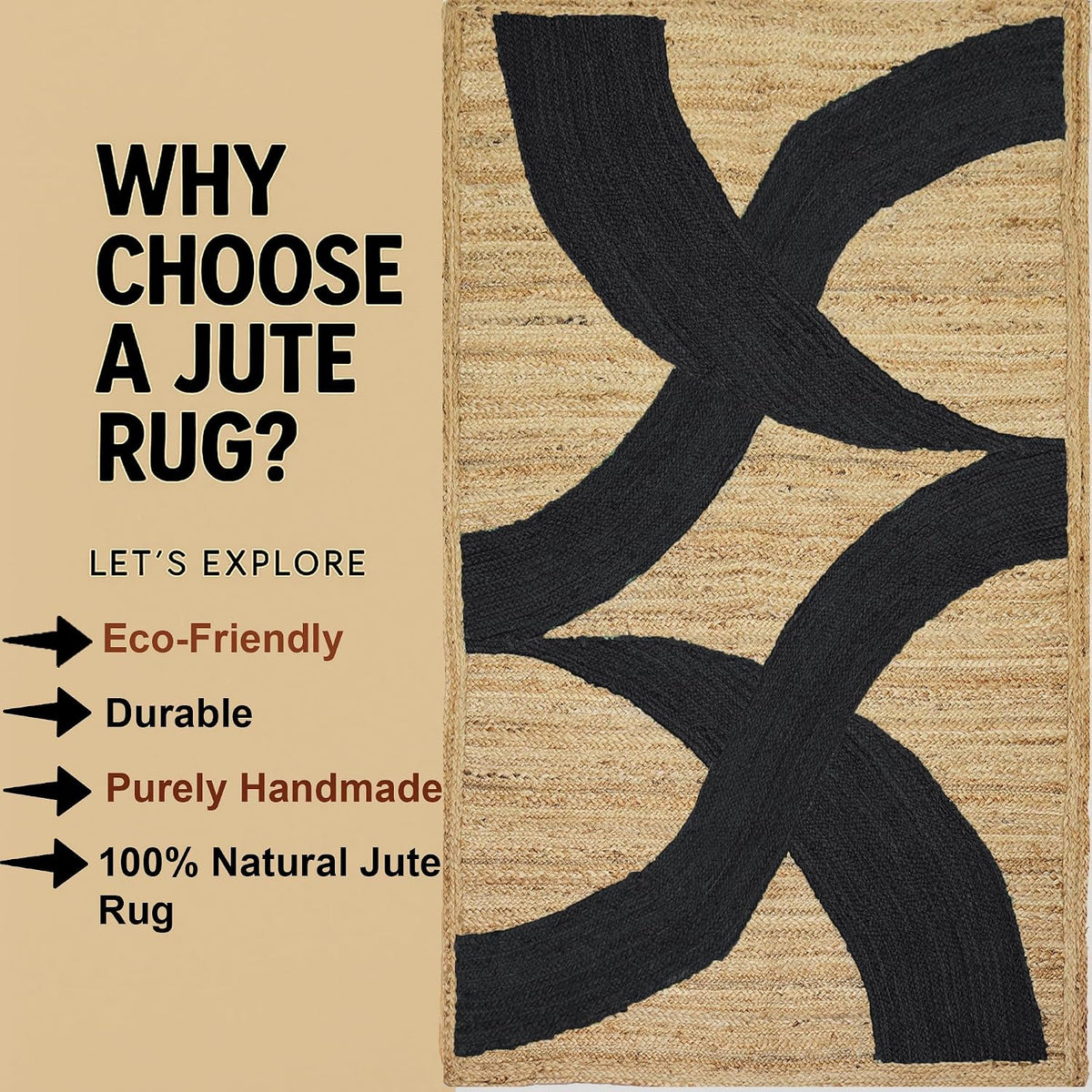 Premium Quality Jute Rug 4x6 Feet Area Rug Natural Fiber Jute Rugs Thick 0.27" Black Abstract Pattern Geometric Rugs for Kids Room, Living Room, Yoga Mat, Indoor Outdoor Carpet - Colors A