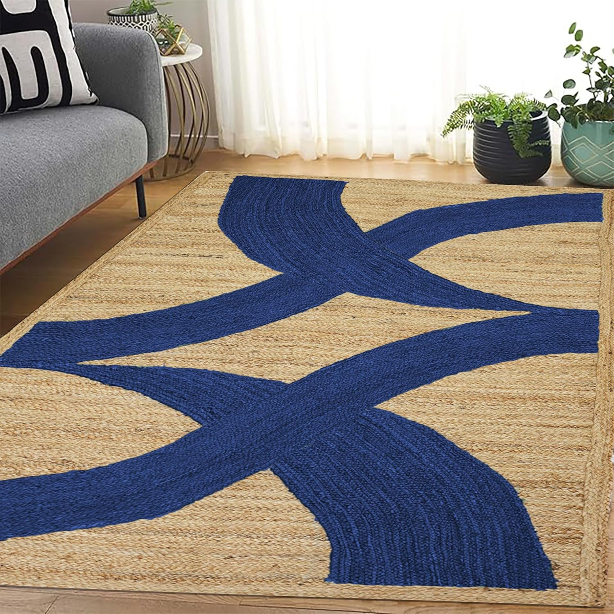 Premium Quality Jute Rug 4x6 Feet Area Rug Natural Fiber Jute Rugs Thick 0.27" Black Abstract Pattern Geometric Rugs for Kids Room, Living Room, Yoga Mat, Indoor Outdoor Carpet - Colors A