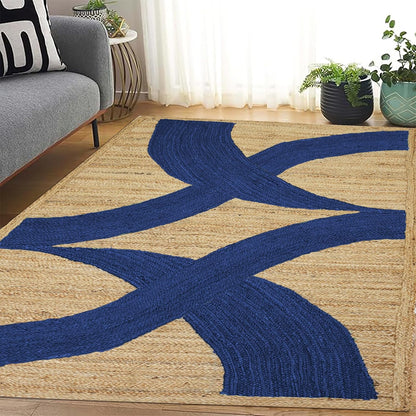 Premium Quality Jute Rug 4x6 Feet Area Rug Natural Fiber Jute Rugs Thick 0.27" Black Abstract Pattern Geometric Rugs for Kids Room, Living Room, Yoga Mat, Indoor Outdoor Carpet - Colors A