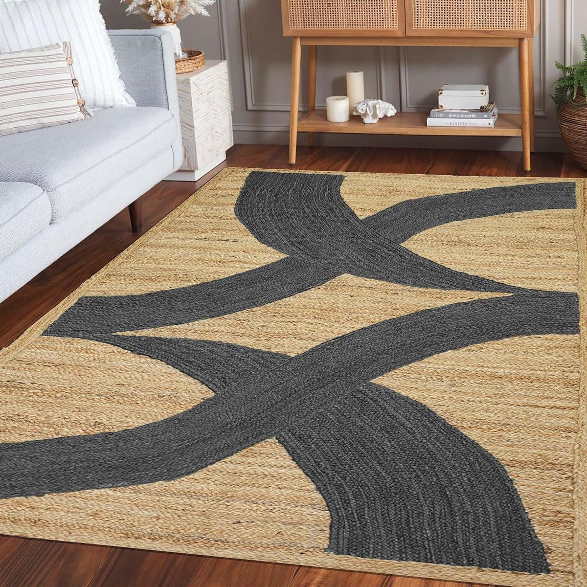 Premium Quality Jute Rug 4x6 Feet Area Rug Natural Fiber Jute Rugs Thick 0.27" Black Abstract Pattern Geometric Rugs for Kids Room, Living Room, Yoga Mat, Indoor Outdoor Carpet - Colors A