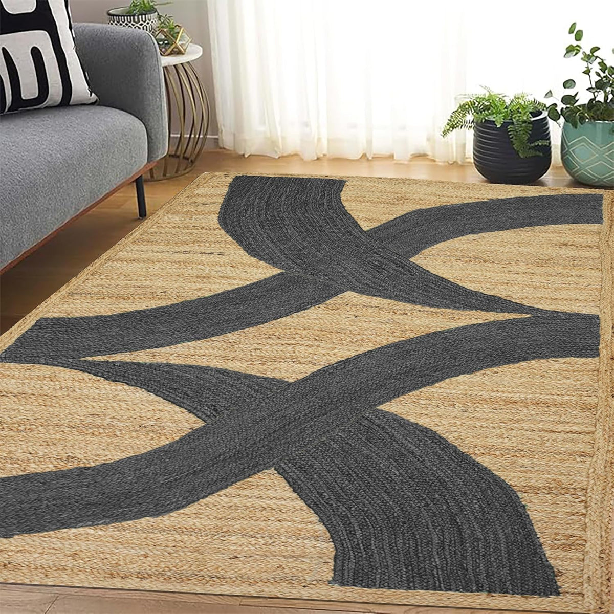 Premium Quality Jute Rug 4x6 Feet Area Rug Natural Fiber Jute Rugs Thick 0.27" Black Abstract Pattern Geometric Rugs for Kids Room, Living Room, Yoga Mat, Indoor Outdoor Carpet - Colors A