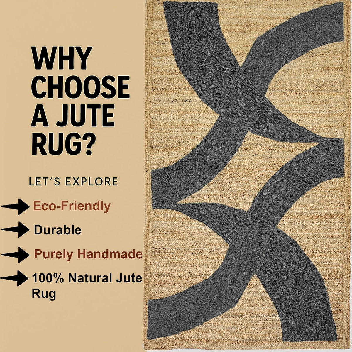 Premium Quality Jute Rug 4x6 Feet Area Rug Natural Fiber Jute Rugs Thick 0.27" Black Abstract Pattern Geometric Rugs for Kids Room, Living Room, Yoga Mat, Indoor Outdoor Carpet - Colors A