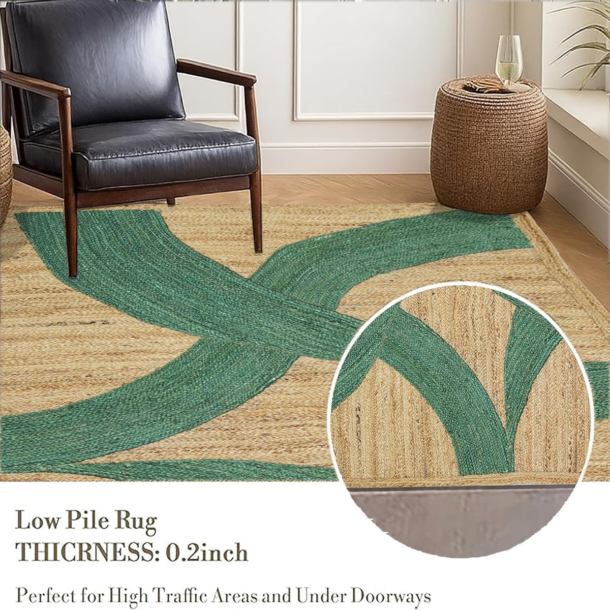 Premium Quality Jute Rug 4x6 Feet Area Rug Natural Fiber Jute Rugs Thick 0.27" Black Abstract Pattern Geometric Rugs for Kids Room, Living Room, Yoga Mat, Indoor Outdoor Carpet - Colors A