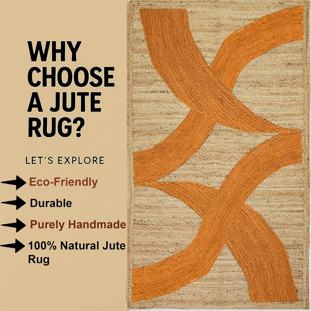 Premium Quality Jute Rug 4x6 Feet Area Rug Natural Fiber Jute Rugs Thick 0.27" Black Abstract Pattern Geometric Rugs for Kids Room, Living Room, Yoga Mat, Indoor Outdoor Carpet - Colors A