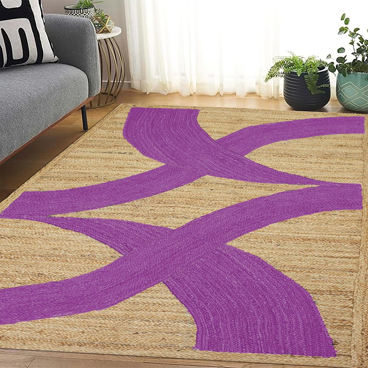 Premium Quality Jute Rug 4x6 Feet Area Rug Natural Fiber Jute Rugs Thick 0.27" Black Abstract Pattern Geometric Rugs for Kids Room, Living Room, Yoga Mat, Indoor Outdoor Carpet - Colors A