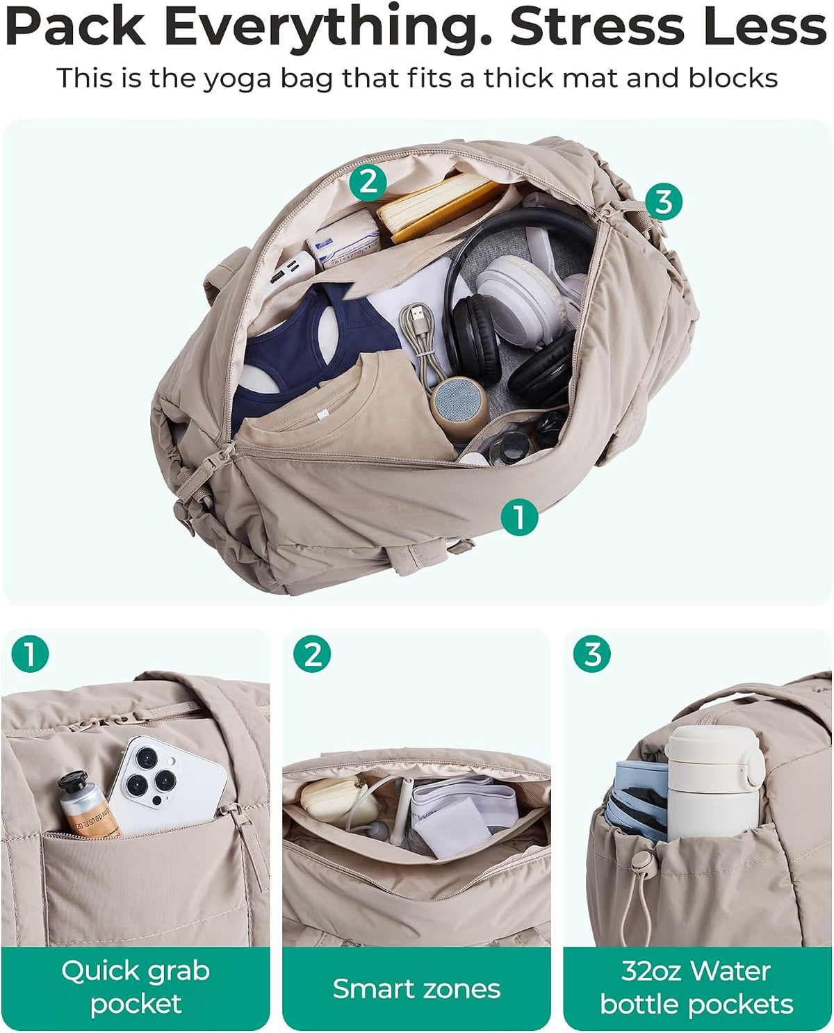 Reiki Gym Bag for Women Puffy Yoga Mat Travel Weekender Duffle Bag