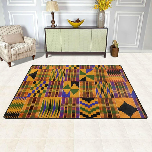 African Kente Cloth Ethnic Art Pattern Super Soft Flannel Area Rug - Multi-Use Floor Mat for Bedroom, Yoga Corner & Play Spaces