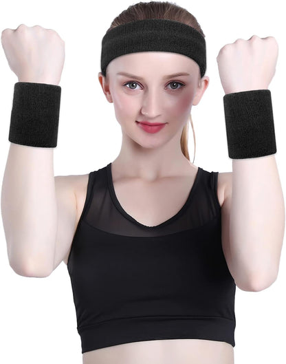 Sweatband Set Sports Headband Wristband Set Sweatbands Terry Cloth Wristband Wrist Sweatband Headbands Moisture Wicking Sweat Absorbing Head Band