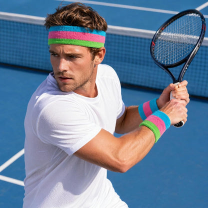 Sweatband Set Sports Headband Wristband Set Sweatbands Terry Cloth Wristband Wrist Sweatband Headbands Moisture Wicking Sweat Absorbing Head Band