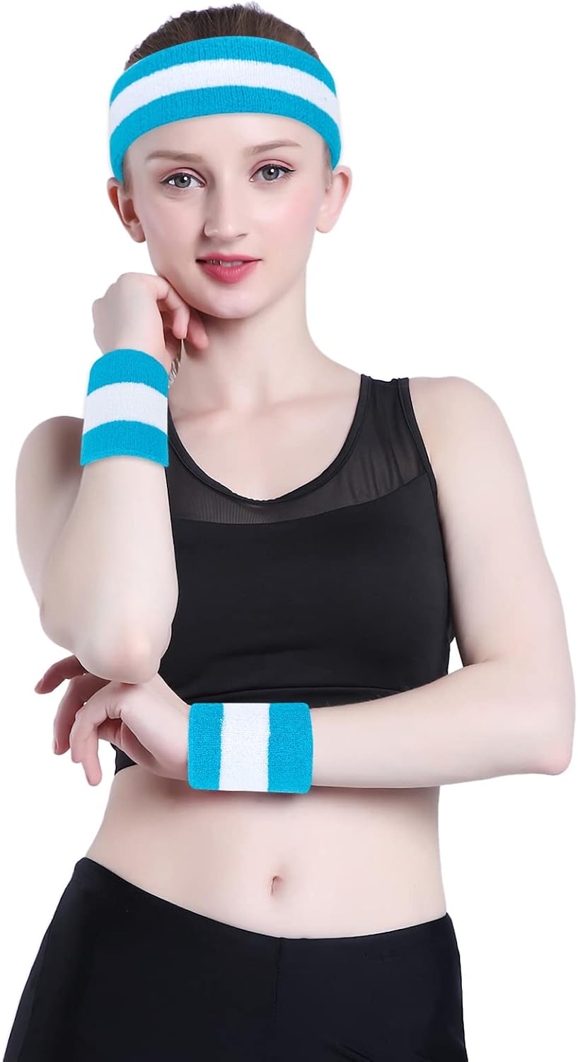 Sweatband Set Sports Headband Wristband Set Sweatbands Terry Cloth Wristband Wrist Sweatband Headbands Moisture Wicking Sweat Absorbing Head Band