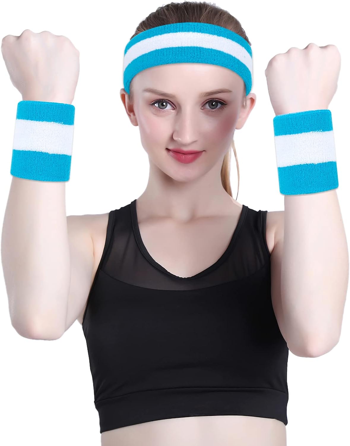 Sweatband Set Sports Headband Wristband Set Sweatbands Terry Cloth Wristband Wrist Sweatband Headbands Moisture Wicking Sweat Absorbing Head Band