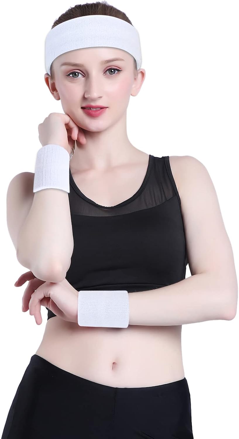Sweatband Set Sports Headband Wristband Set Sweatbands Terry Cloth Wristband Wrist Sweatband Headbands Moisture Wicking Sweat Absorbing Head Band