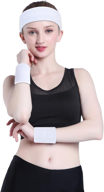 Sweatband Set Sports Headband Wristband Set Sweatbands Terry Cloth Wristband Wrist Sweatband Headbands Moisture Wicking Sweat Absorbing Head Band