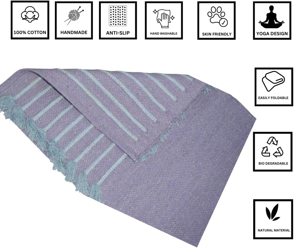 Jaipur art & Rugs Organic Cotton Yoga Mat - Eco-Friendly Hand-Woven Rug - Non Slip & Thick (24”x72”x5mm) for Everyday Fitness at Home - Comfortable Extra-Long