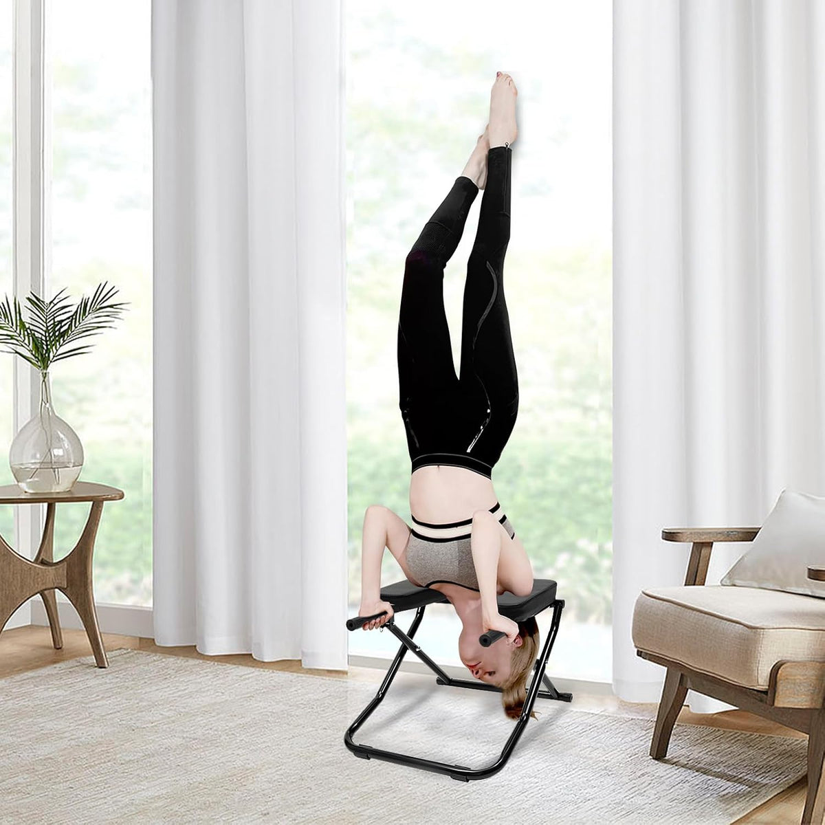 Yoga Headstand Bench, Steel Frame & PU Pad Inversion Chair for Home Gym, Feet Up Trainer Headstand Stool with Handle for Practice Head Stand, Strength Training, 300 lbs Capacity