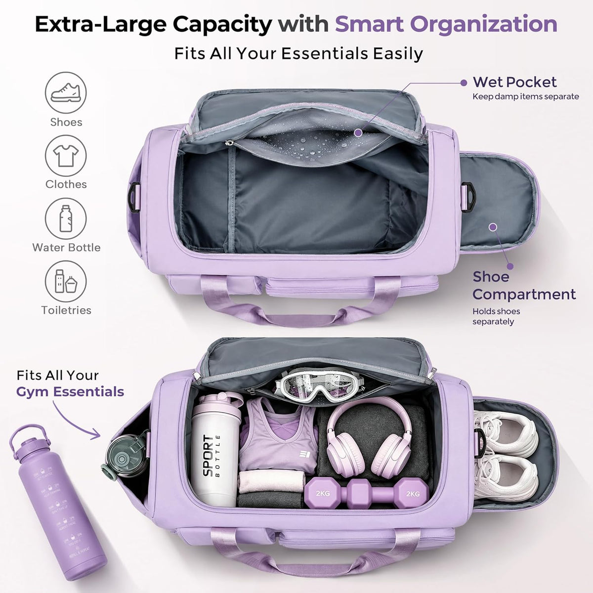 Women's Gym Duffle Bag with Shoes Compartment, 30L Capacity, Ideal for Travel, Gym, Sports, Duffel, Weekender