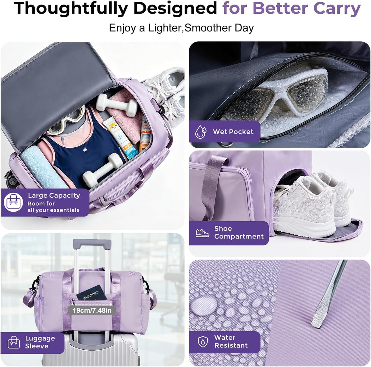 Women's Gym Duffle Bag with Shoes Compartment, 30L Capacity, Ideal for Travel, Gym, Sports, Duffel, Weekender