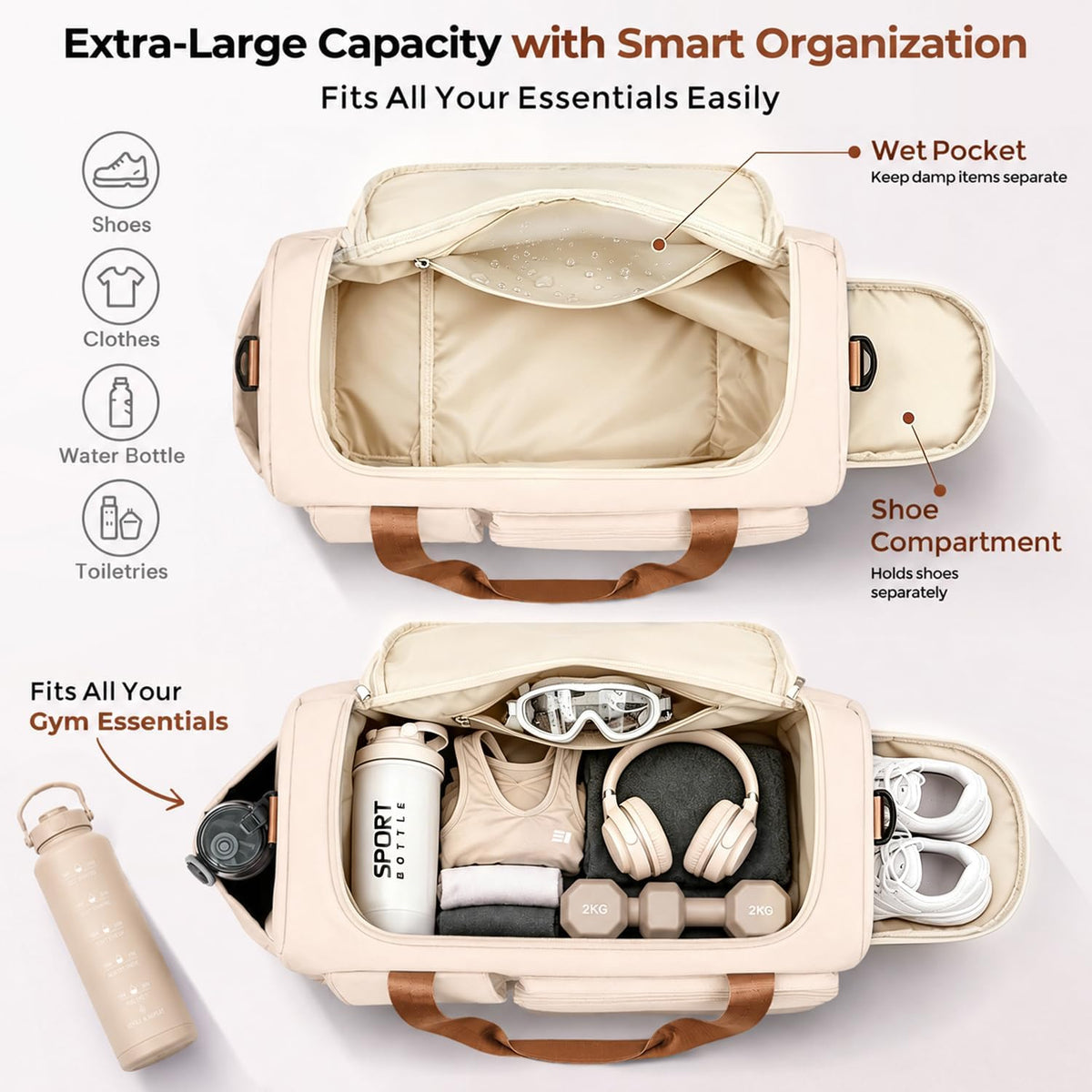 Women's Gym Duffle Bag with Shoes Compartment, 30L Capacity, Ideal for Travel, Gym, Sports, Duffel, Weekender