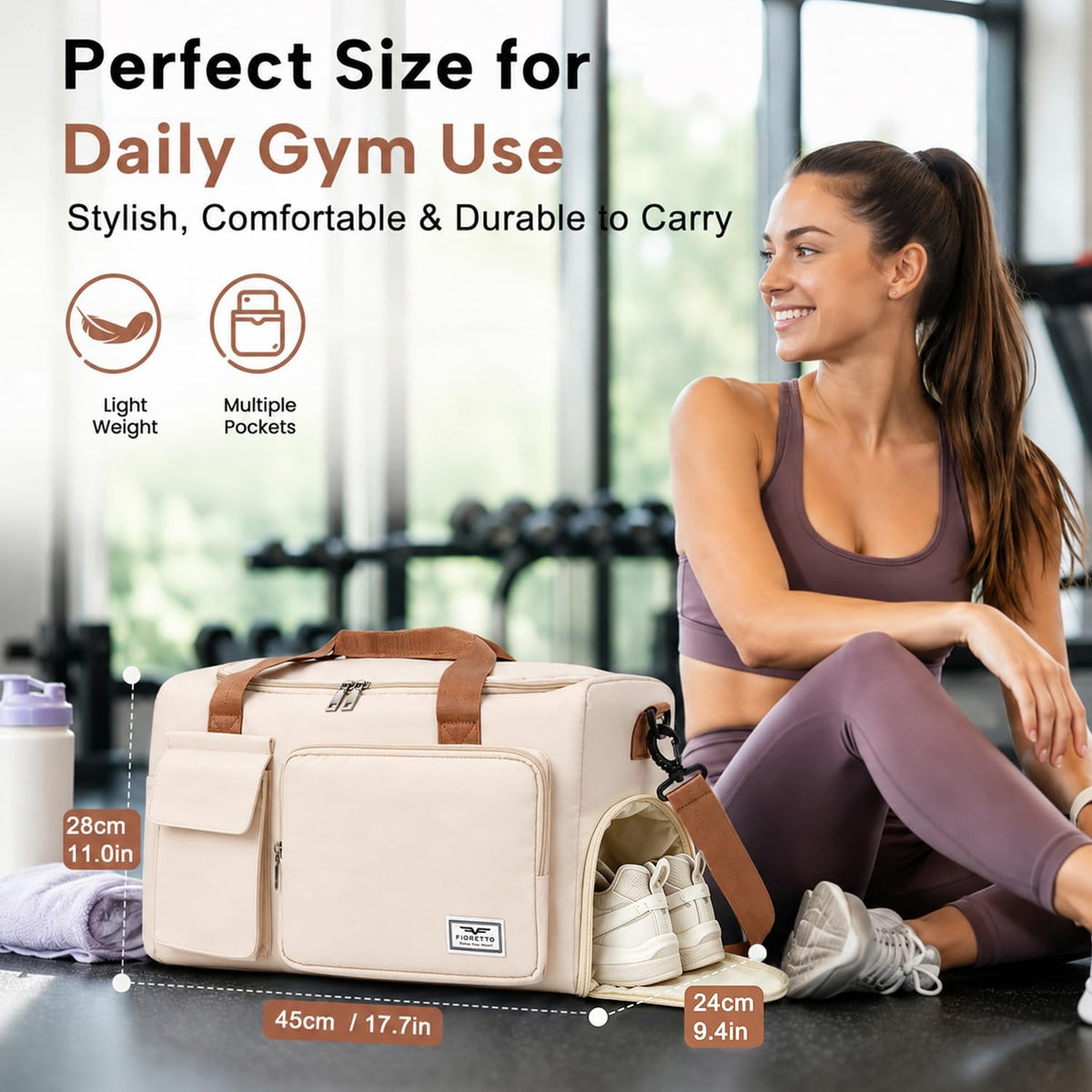 Women's Gym Duffle Bag with Shoes Compartment, 30L Capacity, Ideal for Travel, Gym, Sports, Duffel, Weekender
