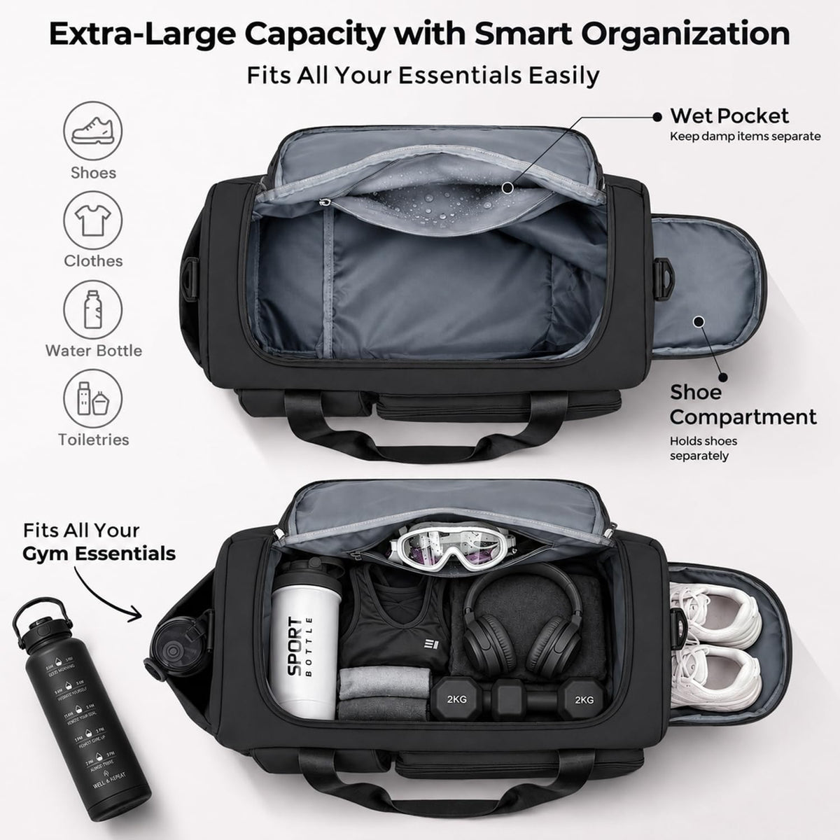 Women's Gym Duffle Bag with Shoes Compartment, 30L Capacity, Ideal for Travel, Gym, Sports, Duffel, Weekender