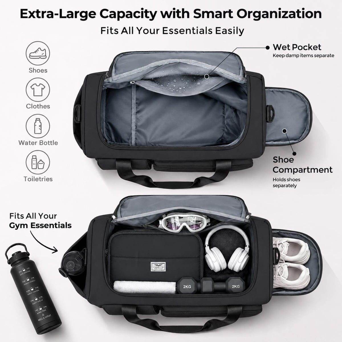 Women's Gym Duffle Bag with Shoes Compartment, 30L Capacity, Ideal for Travel, Gym, Sports, Duffel, Weekender